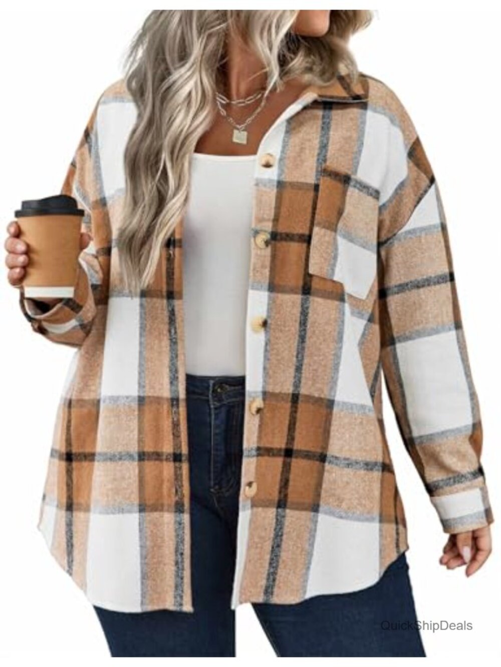 Plus Size Plaid Shacket Long Sleeve Casual Jacket with Button Front